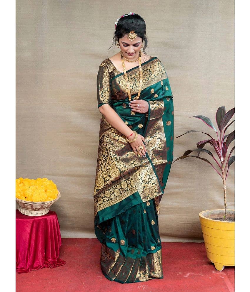 SareeQueen Art Silk Embellished Saree With Unstitched Blouse Piece ( Green )