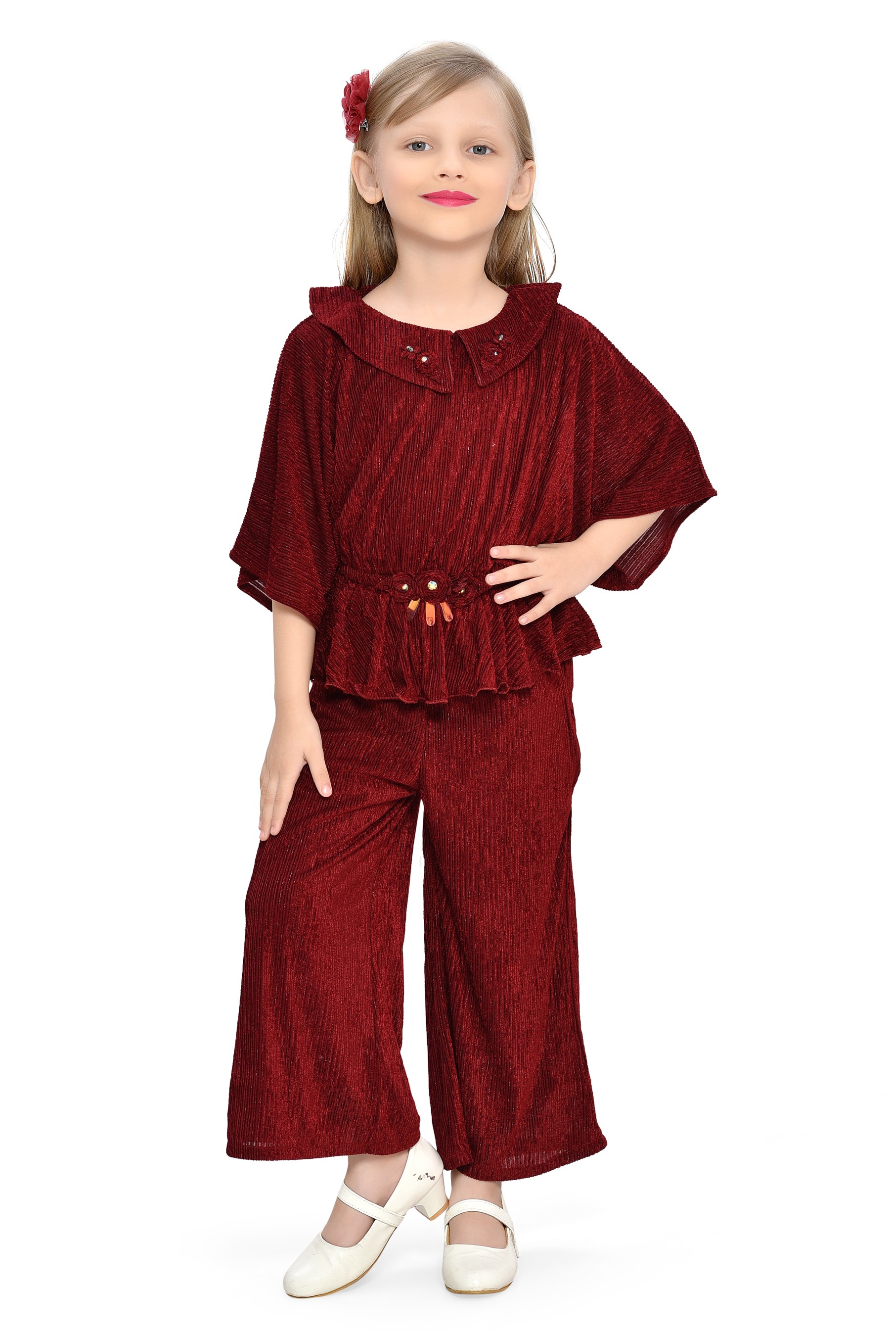 Be:Kids Burgundy Textured Ruffle Top and Wide-Leg Pants Set view 2