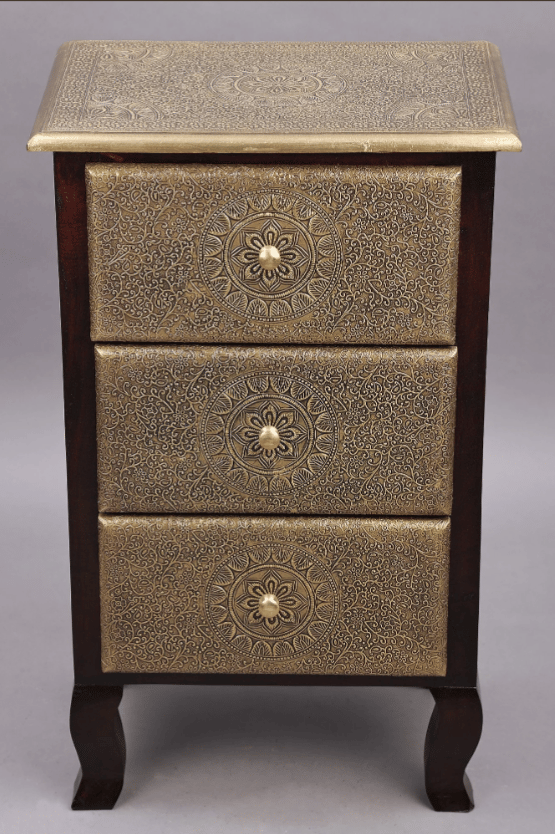 Wood To Cart® 29" Wooden Side Table withThree Drawer | Brass Work | 3 Drawer Leg Bed Side Brass Fitted | Wooden Table | Handmade | Made In India view 2
