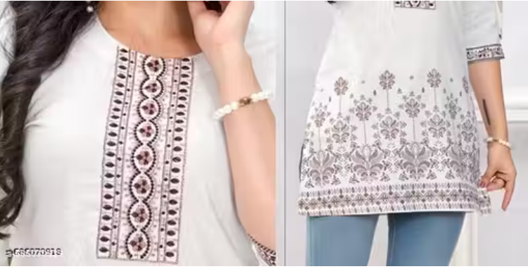 Women's Stylish and Trending White Base Cotton Short Tunic Kurti Seaquence Brown & Tone Eambroidered & Daman Printed One Side Pocket view 2