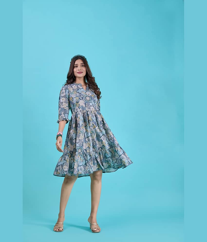 Amarasha Women Crepe Printed Fit & Flare Dress ( Blue ) view 2