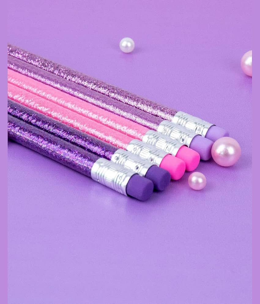 2392 YESKART - 12 Stylish Candy Colour Glitter Body Pencil with Top Eraser Set Attractive Colour For Kids And Girls Fine s Strong nib Ideal For Tuition School Kids Boys Girls Diwali Festival Birthday Party Return Gift (Pink-Purple view 2