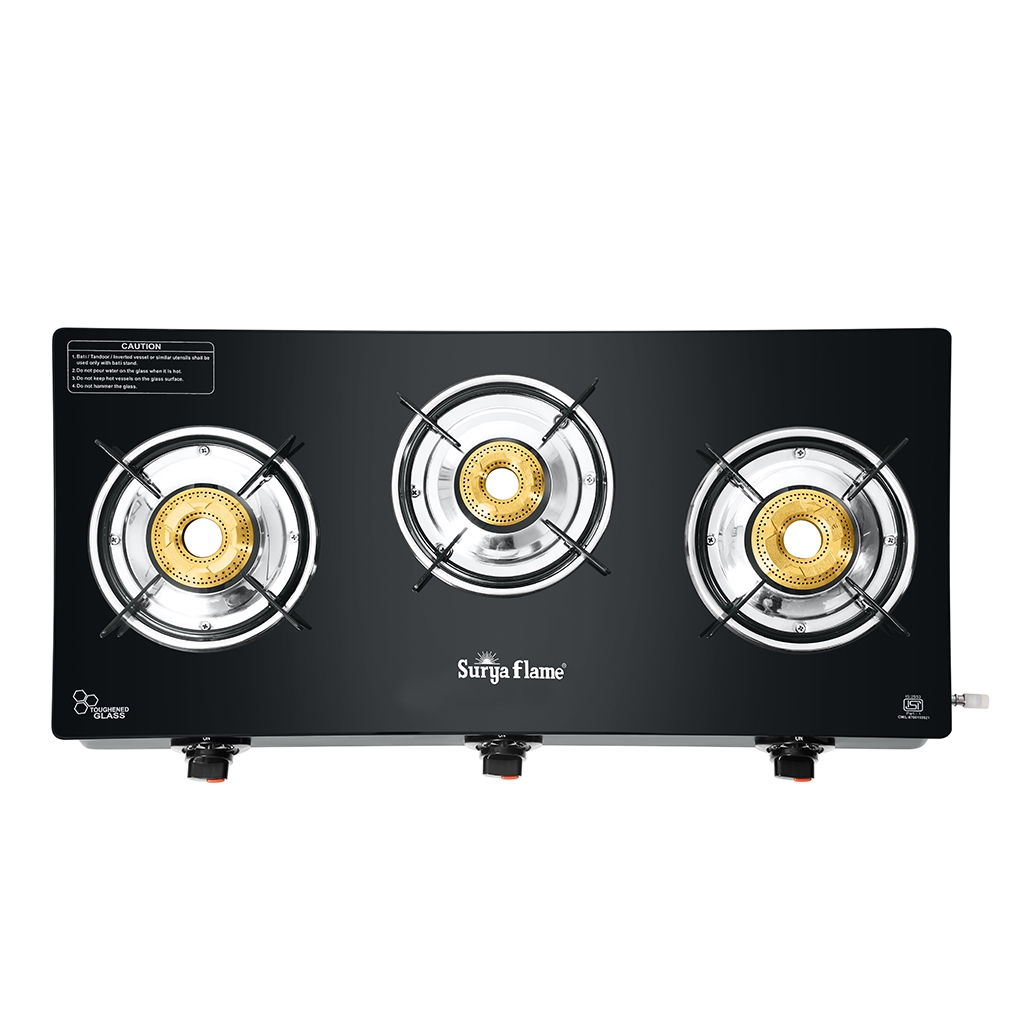 Surya Flame Splendor 3 Burner Gas Stove Toughened Glass Top Brass Burners Stainless Steel Drip Tray 69%+ Thermal Efficiency 2 Year Warranty - Black