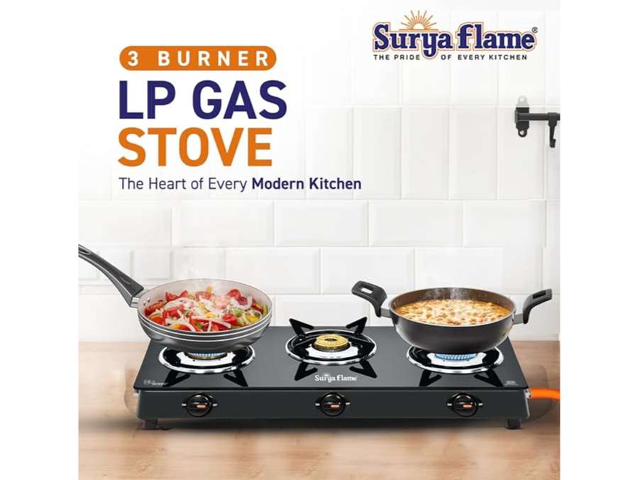 Surya Flame Splendor 3 Burner Gas Stove Toughened Glass Top Brass Burners Stainless Steel Drip Tray 69%+ Thermal Efficiency 2 Year Warranty - Black view 2