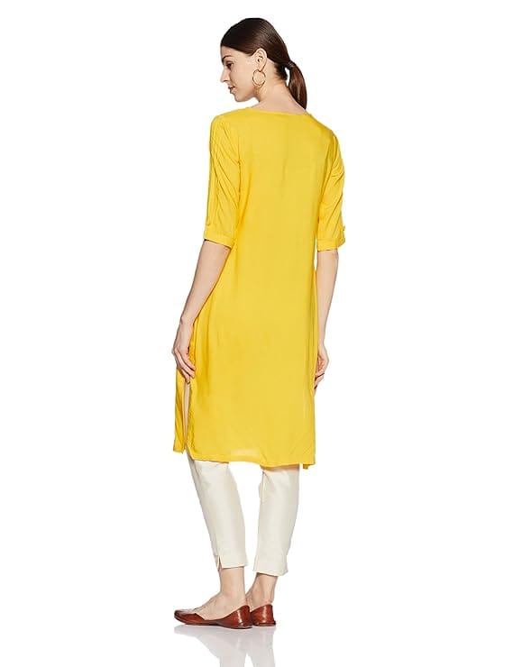 Yellow Rayon Embroidered A-Line Kurta with Round Neck and 3/4th Sleeves
