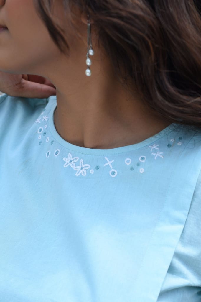 Nargis Blue Kashmiri Crewel Hand Embroidered Cotton Angrakha Kurta view 2