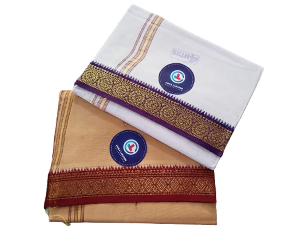 Jinka Lakshmi Collections 100% Handloom Cotton Dhoti With Zari Border Up and Down 4 Meters Unstitched Pack of 2 (Multicolor-9) view 2