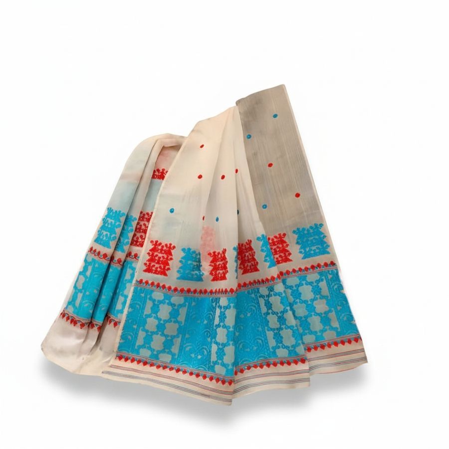 Traditional Off-White Saree with Red & Blue Motifs view 2