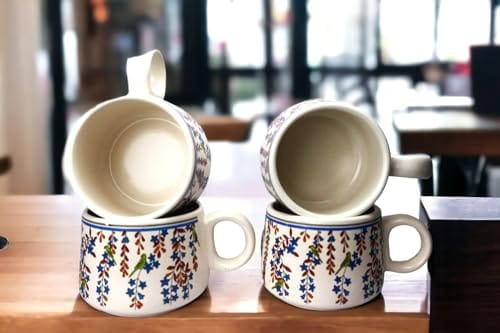 STOREPEDIA Nature Floral Leaves Handprinted Ceramic Coffee Tea Cup Set | Set of 4 |Microwave Safe Chai Milk Cups Mugs for Home Office Gitf Use 150 ml Charming Flower and Bird view 2