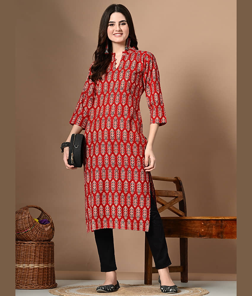 AMTHI 100% Cotton Printed Straight Women's Kurti - Red ( Pack of 1 )