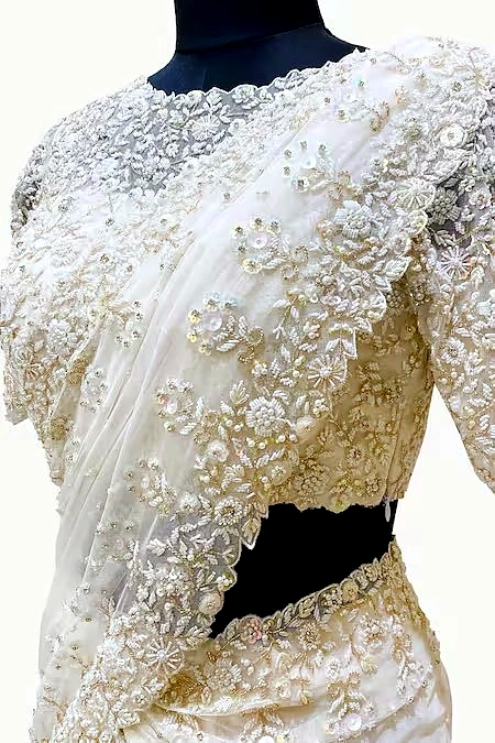 White Net Lehenga Saree with Blouse by SHIV TEXTILES view 2