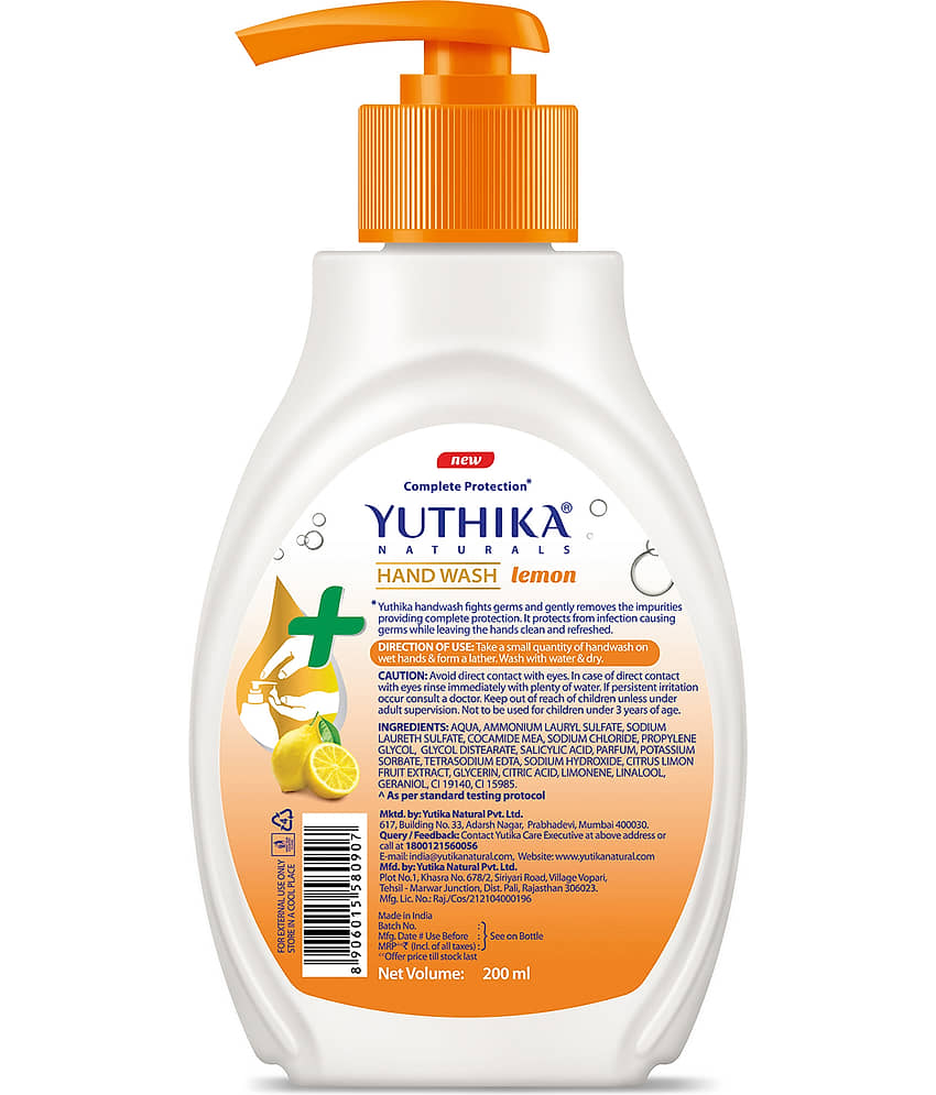 Yuthika Lemon Handwash Dispenser Bottle 200ml Pack of 2, Liquid Hand Wash, pH Balanced Formula, Complete Germ Protection view 2