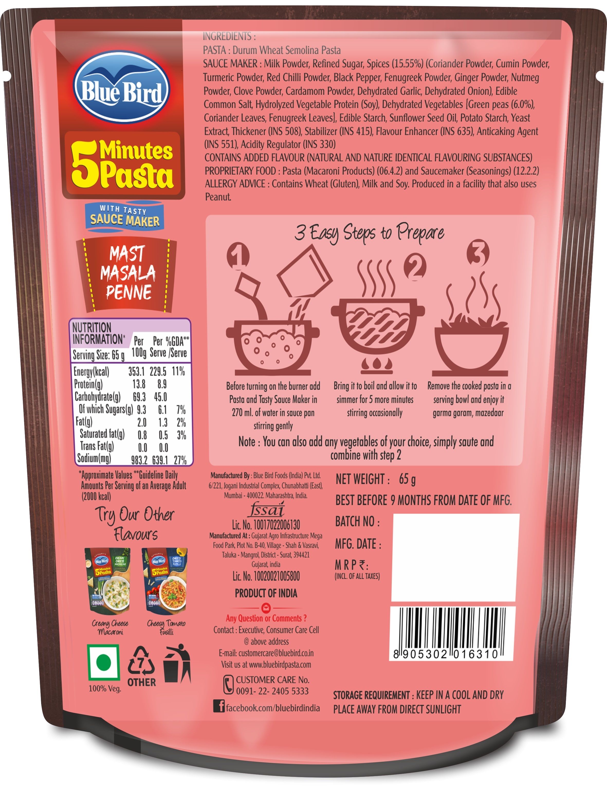Blue Bird 5 Minutes Pasta Mast Masala Penne, 65 gm view 2