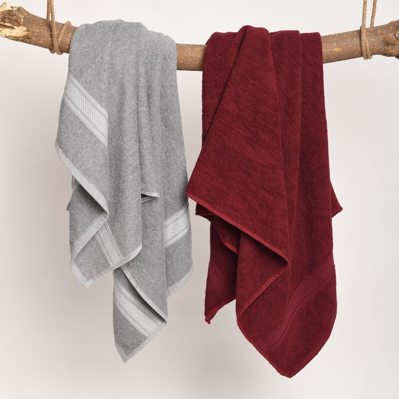 Furnofy Cotton 450 GSM Bath, Hand Towel Set Maroon, Grey (Pack Of 4) view 2