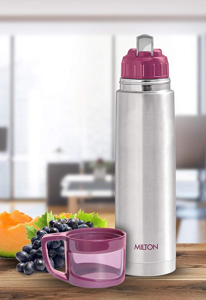 Milton Glassy 1000 Thermosteel Vacuum Insulated Double Walled Flask with Drinking Cup lid & Jacket, 1000 ml Water Bottles,24 Hours Hot & Cold, Easy to Carry,Rust Proof, Tea, Coffee, Travel Bottle,Pink view 2