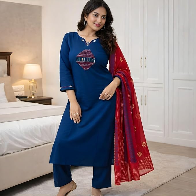 Embroidered Kurti Set with Matching Dupatta & Pants view 2