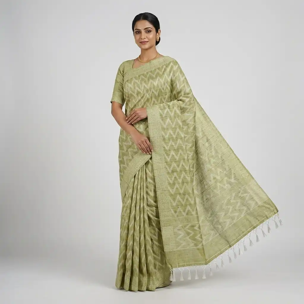 Olive Green Sambalpuri Saree view 2