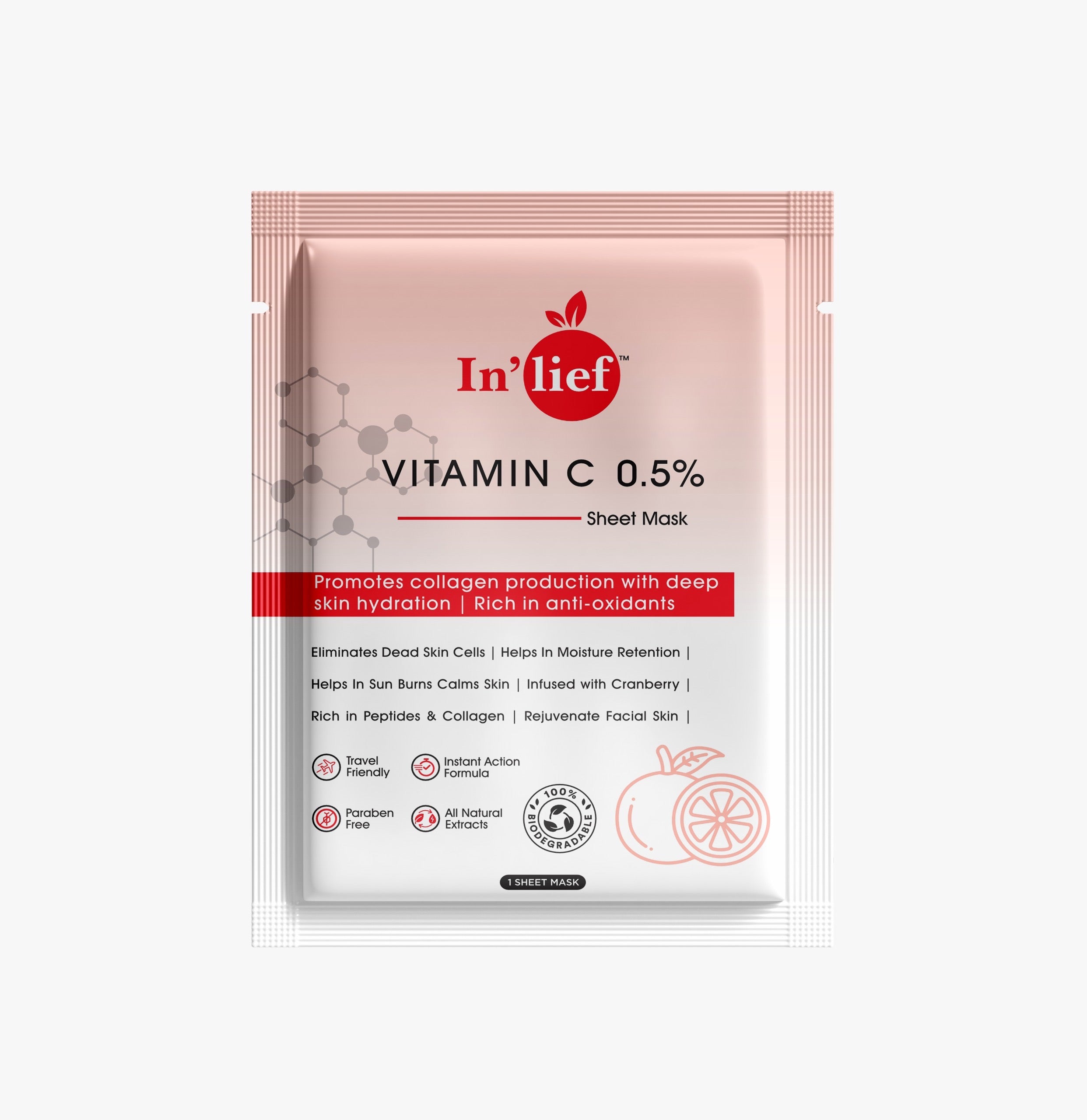 In'Lief Vitamic C Sheet Mask - 25ml | Rich in Peptides & Collagen | Infused with Cranberry view 2
