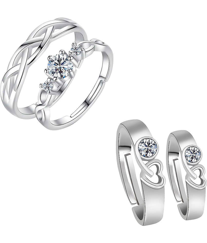 Adjustable Couple Rings Set for lovers Silver Plated Party Wear Solitaire for Men and Women 2 Pair view 2