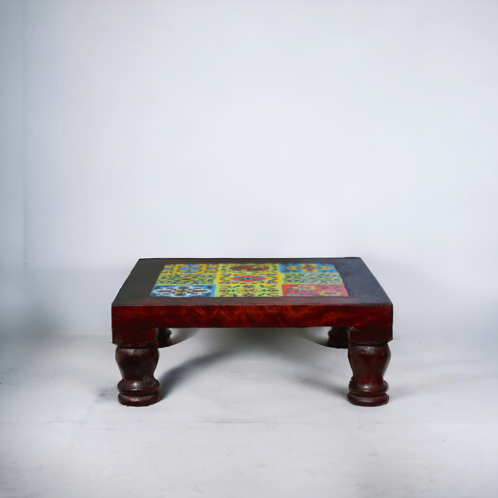 Wooden Chowki Handmade Tile Fitted Walnut Finished Bajot Chowki Pooja Room Home Decor Handicraft Indian Decor Art view 2