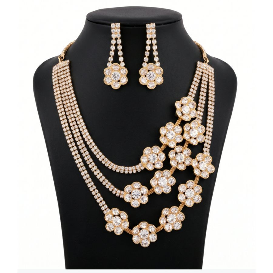 Elegant Multi-Layered Floral Crystal Necklace Set view 2