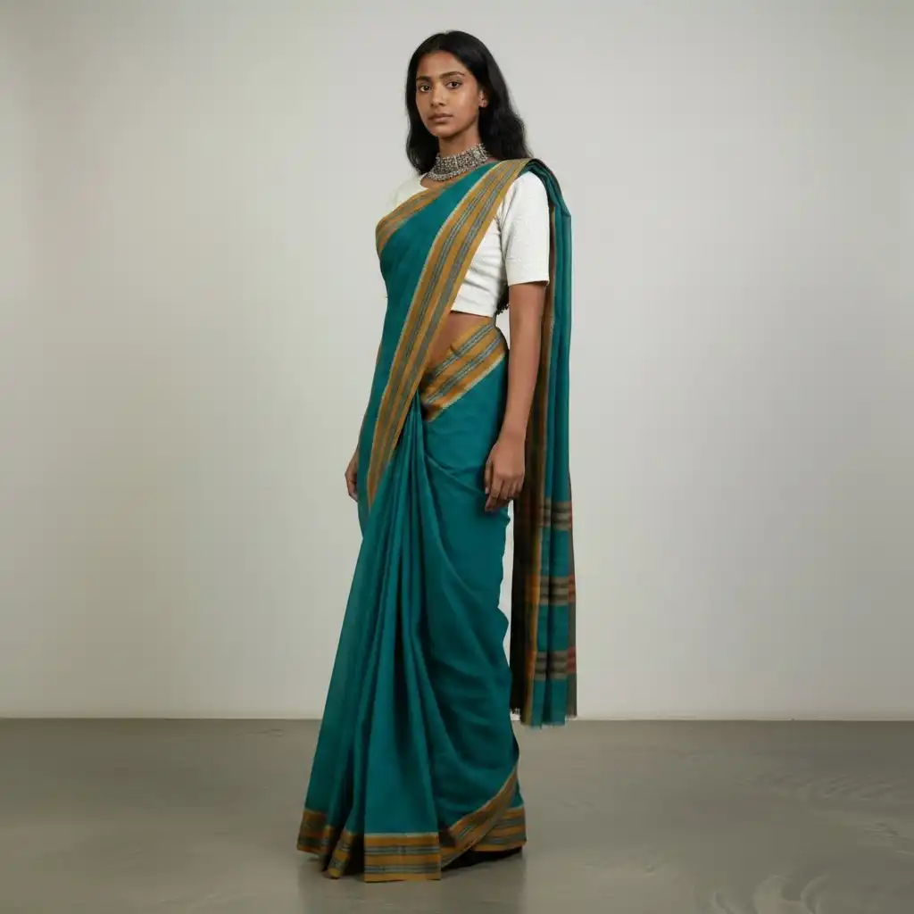 Narayanpet Handloom Cotton Saree in Rama Green, Chikki Paras Border view 2