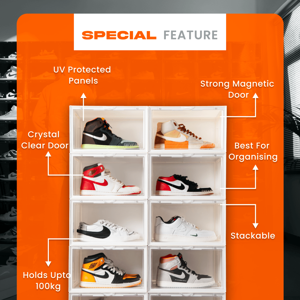 SNEAKARE Shoe Storage Organizer (White), Heavy-Duty Sneaker Box, Stackable Storage Box with Magnetic Closure, Multipurpose Large Storage Box, Fits Size UK14, Plastic view 2