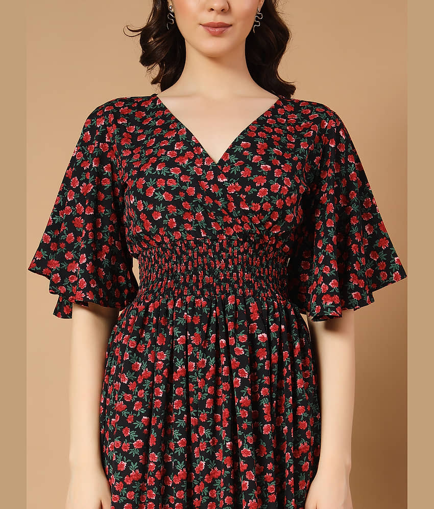 ZWERLON Women Crepe Printed Fit & Flare Dress ( Red ) view 2