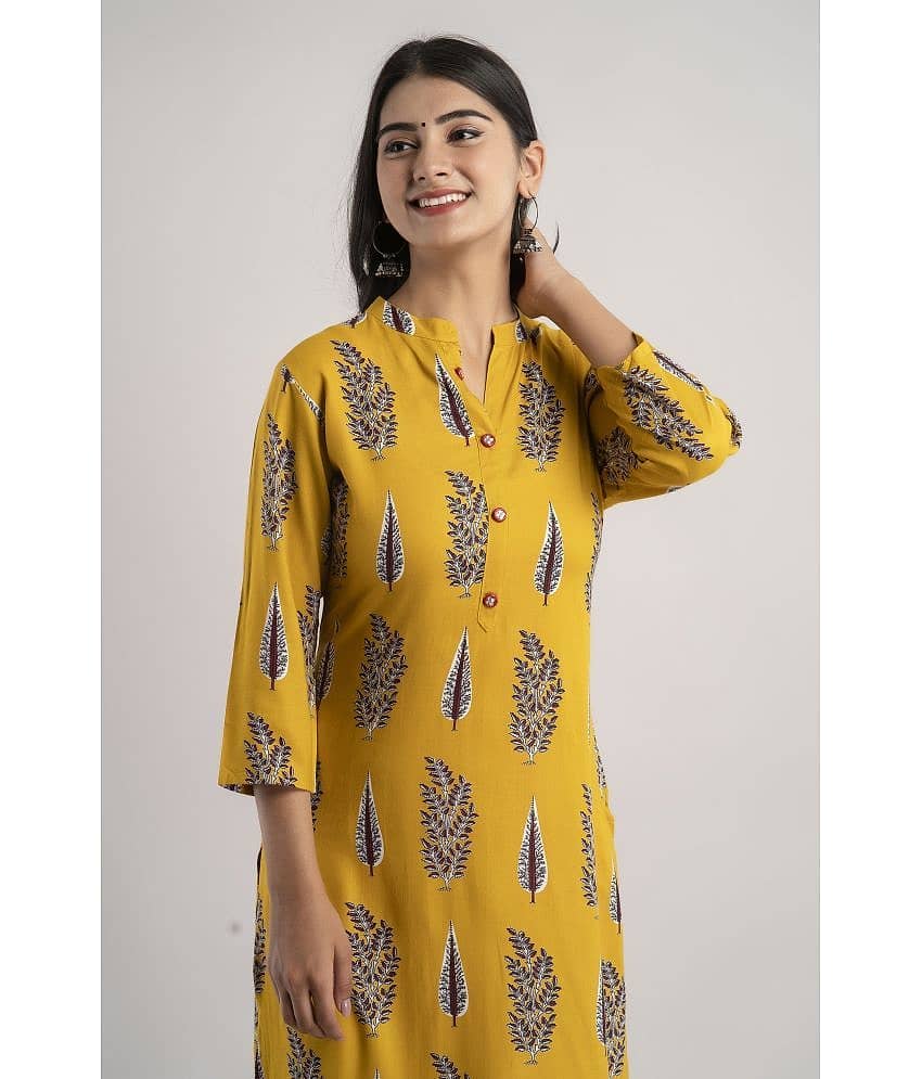 MAUKA - Yellow Rayon Women's Straight Kurti ( Pack of 1 ) view 2