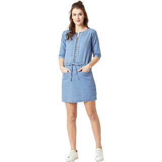 Miss Chase Women's Light Blue Round Neck 3/4 Sleeve Denim Solid Midi Shift Dress view 2