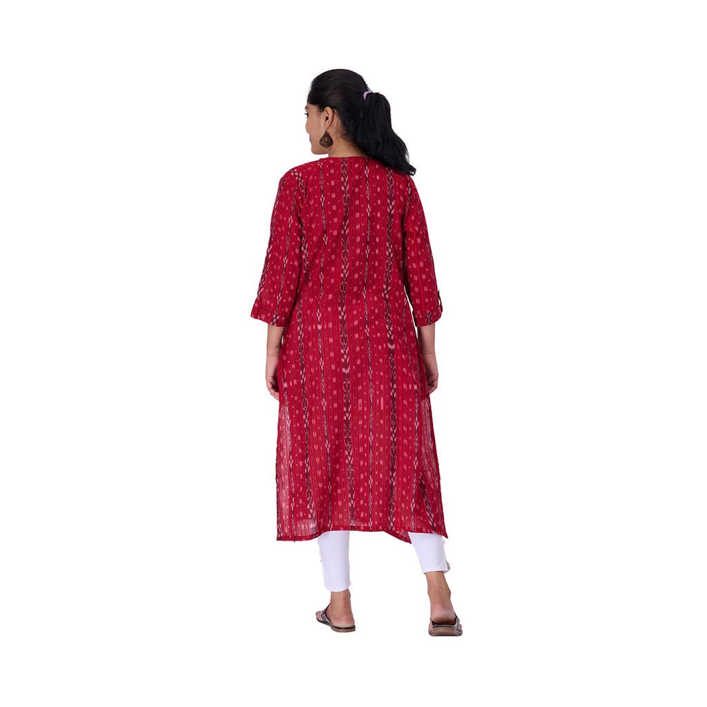 GHL GUENDICHA HAAT Sambalpuri Certified Handloom Women's Pure Cotton Round Neck Front Slit Kurta view 2