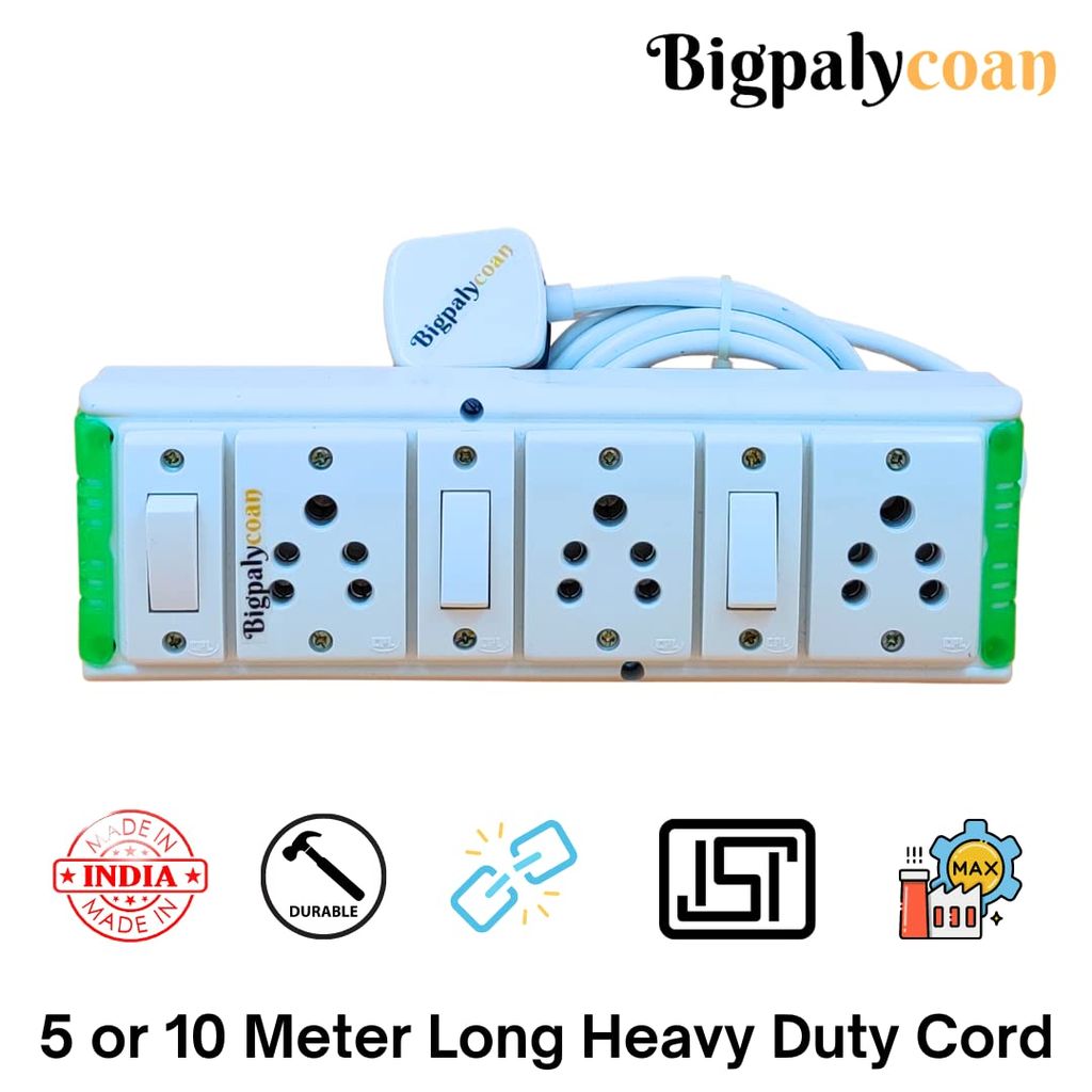 Bigpalycoan 3 Way Electric Extension Board with Individual Switch Heavy Duty Long Cord (Max. Rating 1200W- 230V) PVC Green-White view 2