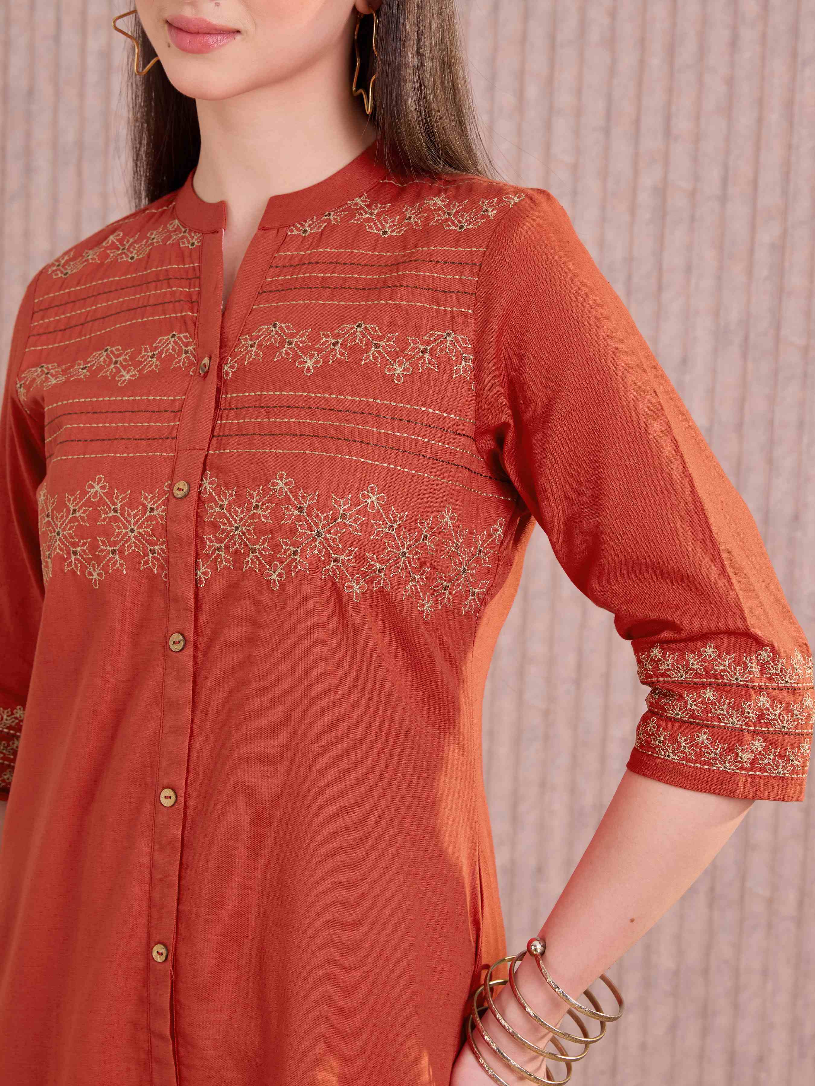 Brick Red Cotton Flax Kurti With Embroidery view 2