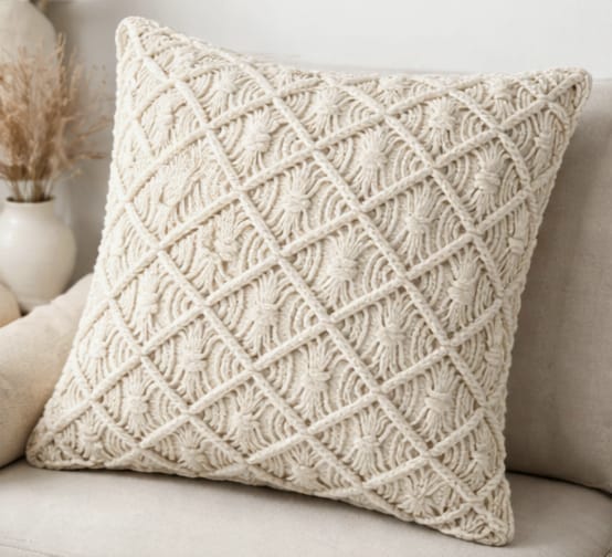 Macrame Cushion Cover 17 x 17 inch Handmade Soft Boho Cotton Pillow Case for Sofa Set Bed Living Room Bedroom in Premium Canvas Fabric with Back Zipper, Off-White, 1-Piece view 2