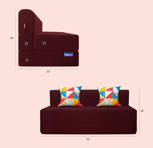 Starlon 3 Seater Sofa Cum Bed | Foldable Sofacum Bed | Jute Fabric Washable Cover Sofa (Maroon with 2 Cushion Geometrical Pattern, 6X6.5 Ft) view 2