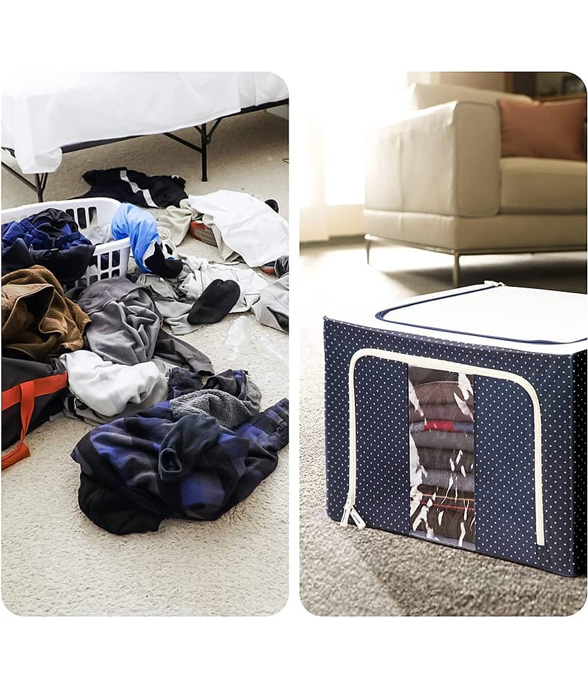 SKYVILLA 66 LTR Foldable Steel Frame Cloths Zip Organizer Bag and Oxford Fabric Storage Living Cover Boxes For Wardrobe Shelves Clothes, Sarees, Bed Sheet, Blanket (Blue Polka, 66 Ltr - Pack of 4) view 2