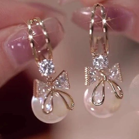 Elegantra Pearl Drop Bow Huggie Earrings – Sparkling Crystal Ribbon & Lustrous Pearl Dangles | Elegant Anti-Tarnish Daily Wear Jewelry Pack view 2