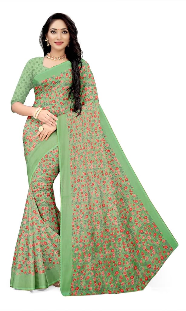 KHUSHBOO DESIGNERS Women's Solid Georgette 5.5 Meter Saree with Unstitched Blouse Piece Festive||Party [Green] view 2