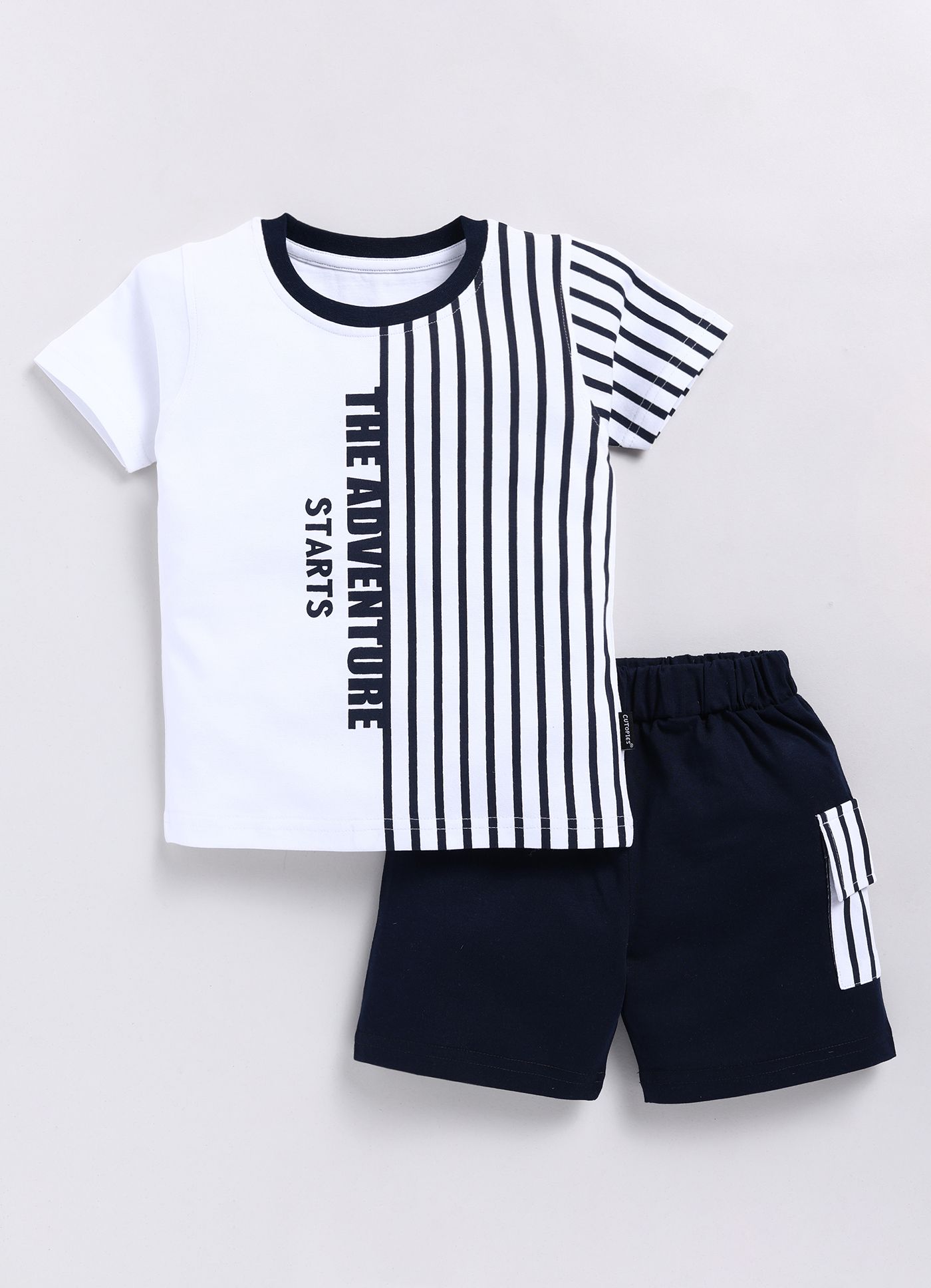 The Adventure Starts - White and Blue Striped T-shirt and Shorts Set for Boys