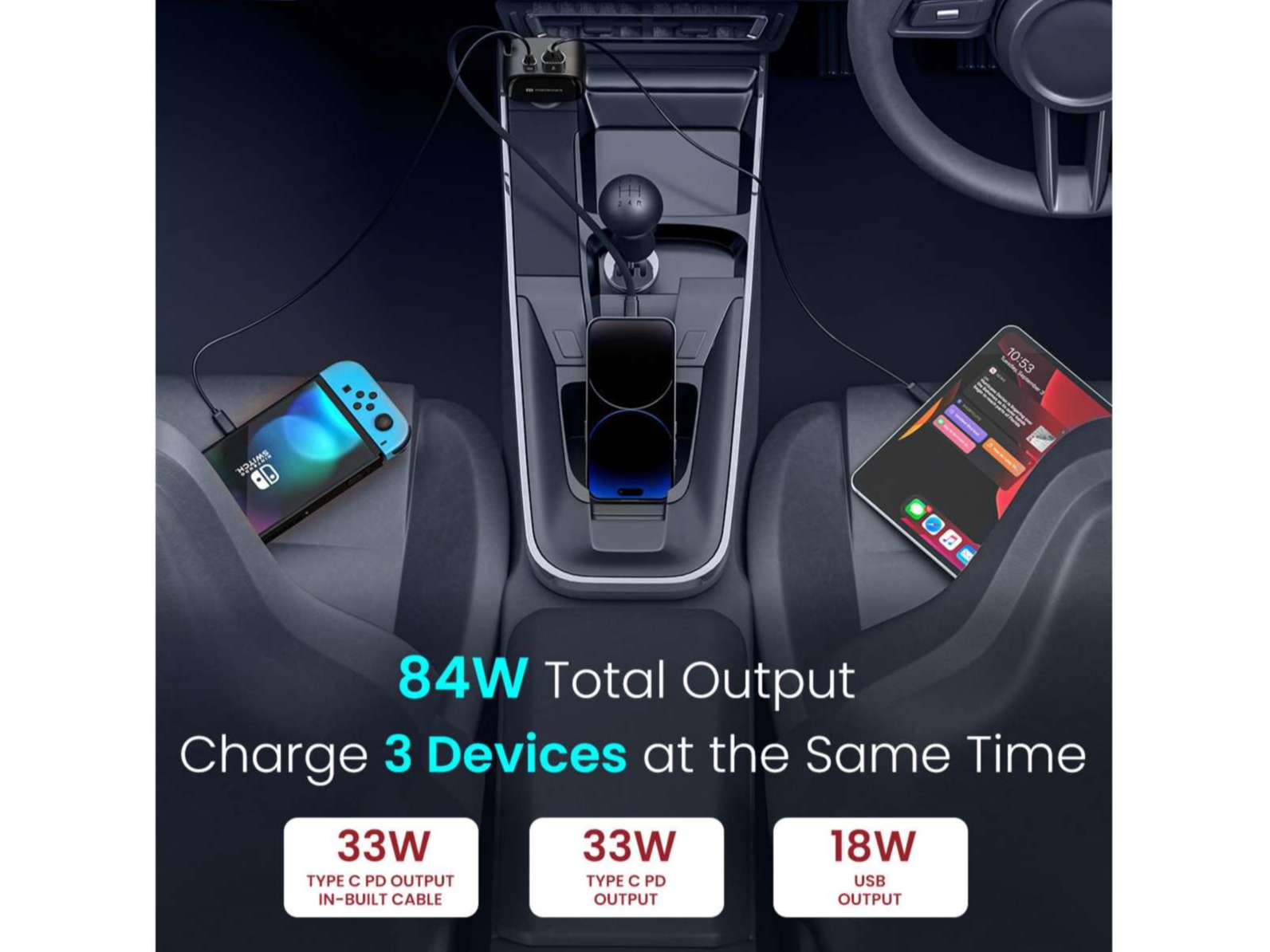 Portronics Car Power Retracto 84W Total Output, 18W USB Type-A, 33W Type-C, 33W Retractable Type-C Cable view 2