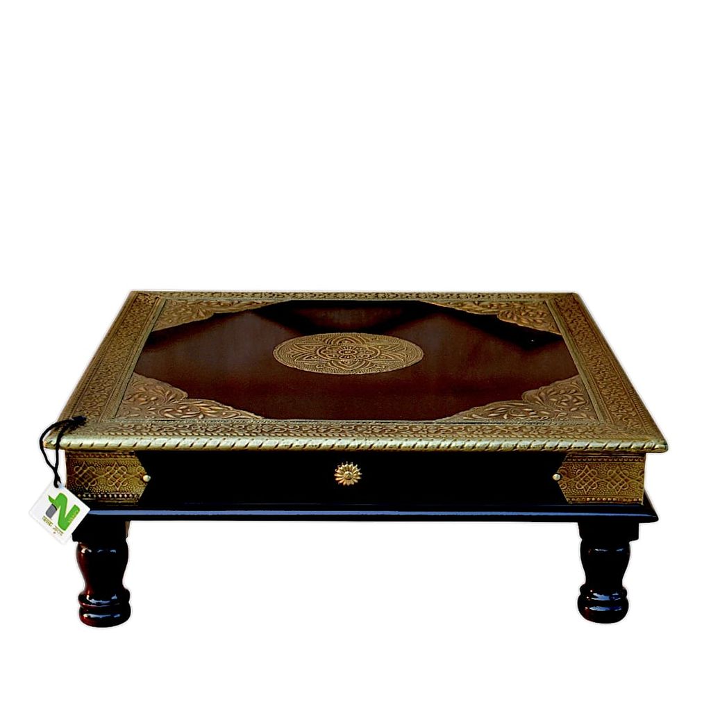 Handcrafted Wooden Pooja chowki /Coffee Table with Ornate Metal Inlay / brass fited view 2