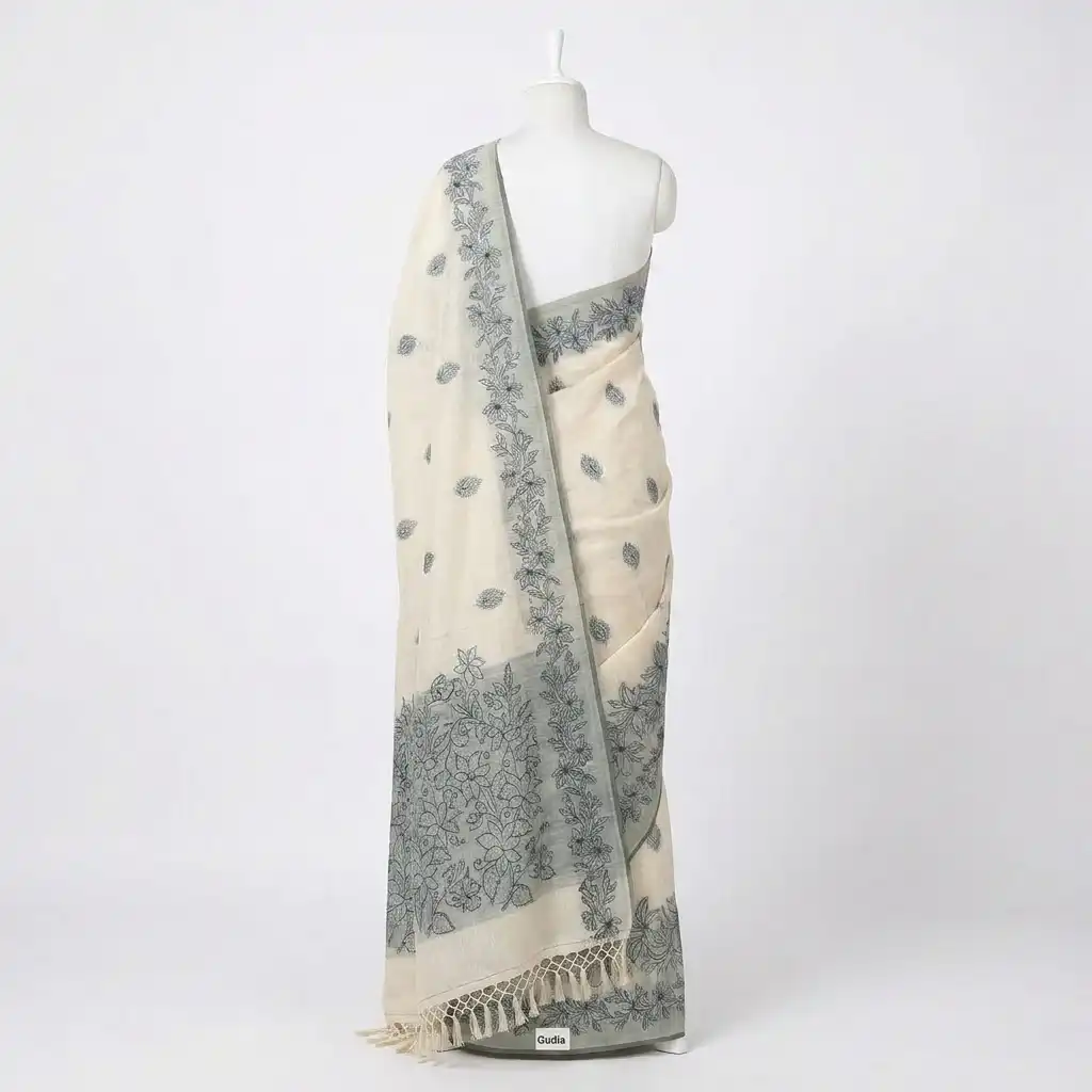 Sambalpuri Floral Print Grey Odisha Tussar Cotton Saree view 2
