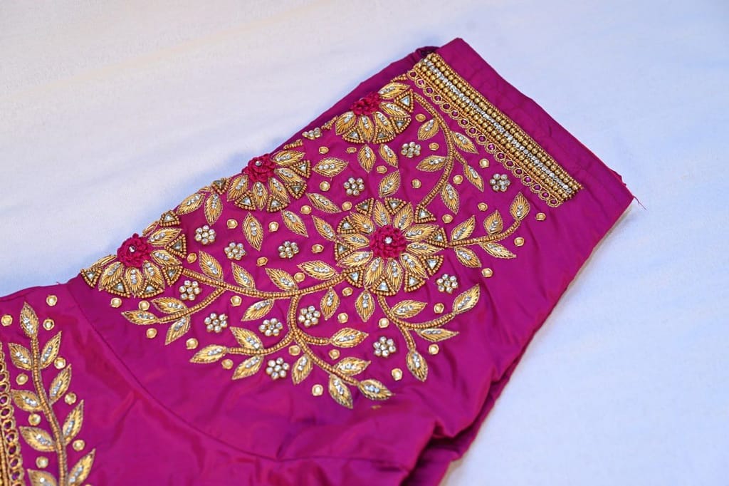 Hand Embroidered Pink Silk Saree Blouse with Zari and Stone Work view 2