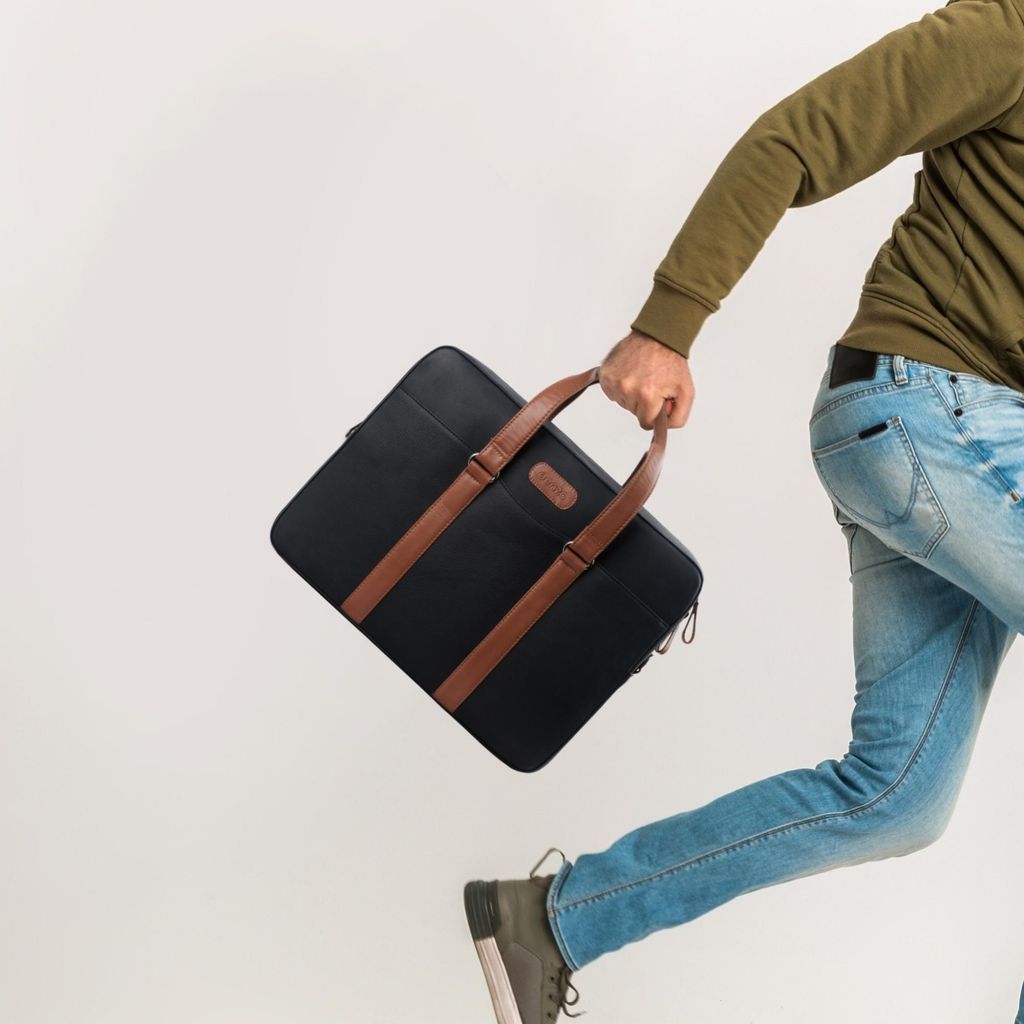 Commander Leather Laptop Bag in Black and Tan view 2