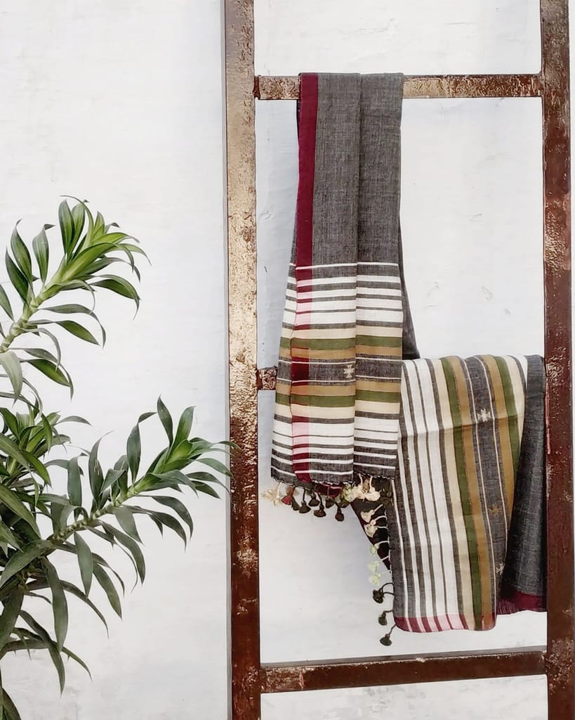 Charcoal Grey Red Handloom Cotton Stole view 2