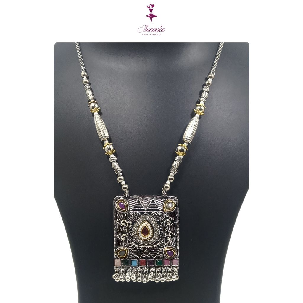 ANAMIKA Luxury Handcrafted Necklace Jewellery Set with Ear Rings, Oxidized, Square Pendant, AD White, Pearls view 2