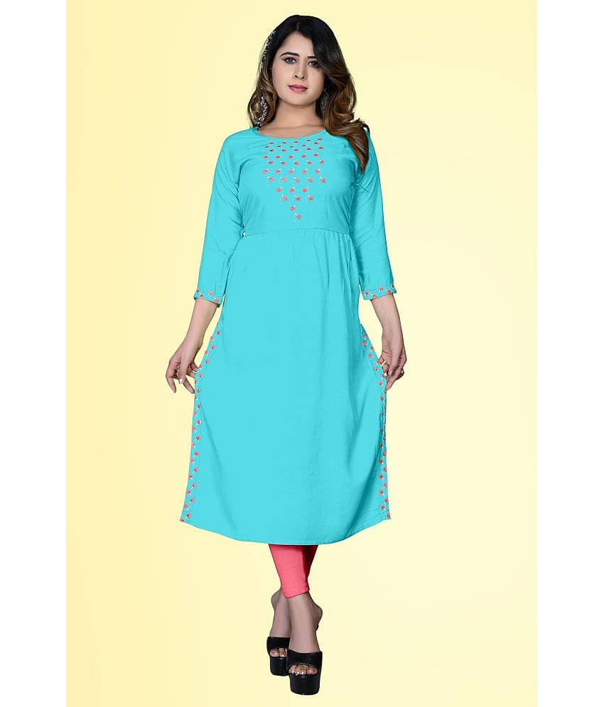 HAYA - Turquoise Rayon Women's Straight Kurti ( Pack of 1 )