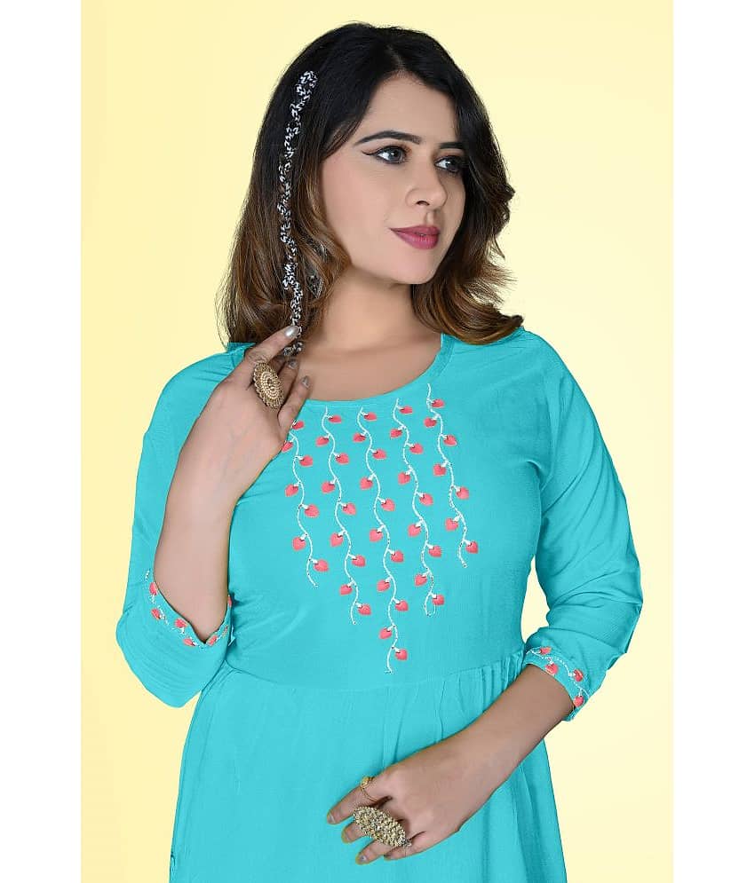 HAYA - Turquoise Rayon Women's Straight Kurti ( Pack of 1 ) view 2