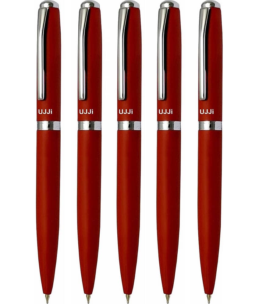 UJJi Brown Color Matte Finish Body Pack of 5 Twist Mechanism (Blue Ink) Metal Ball Pen