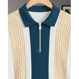 Ausk Mens Off White, Teal Blue Graphic Print Cotton Blend Polo Collar T-Shirt view 2